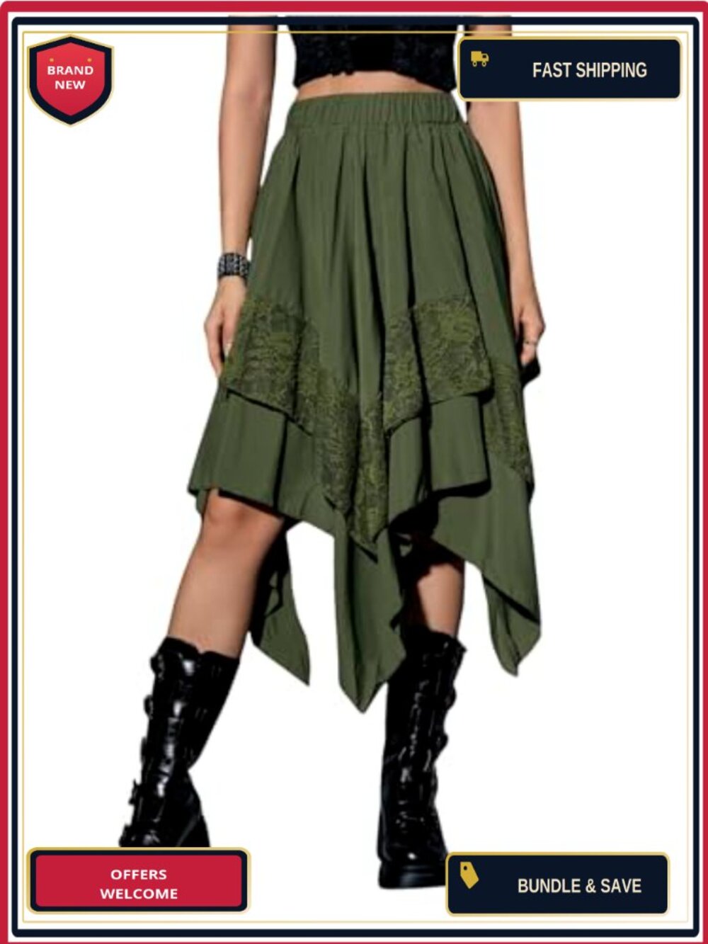 Women Renaissance Lace Asymmetrical High Low Midi Skirt Whimsical